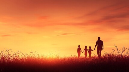 Silhouette of a family with two children holding hands at sunset, walking through a field, warm and peaceful atmosphere

