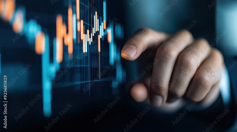 Poster close-up of a hand pointing at a digital screen displaying a financial graph. concept of data analys