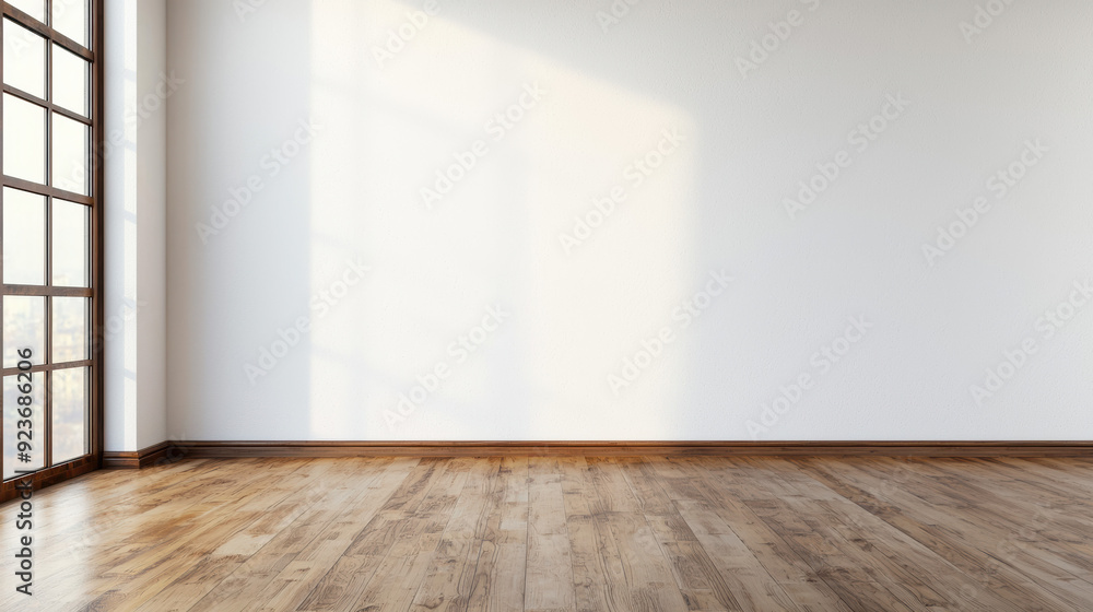 Poster bright, empty room with large windows and wooden floors. natural light streaming in, creating a sere