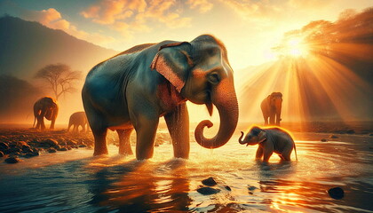 beautiful indian elephant playing in water of pond with baby elephant and family © gv image
