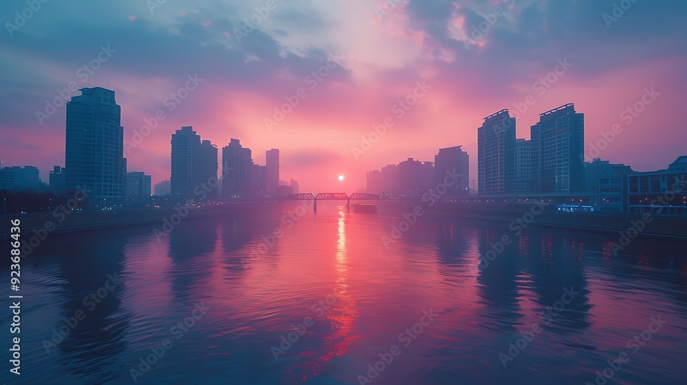 Sticker Dusk cityscape with a modern skyline bathed in pastel peach, lavender, and light blue. The calm river below reflects the serene pastel colors. Wide-angle shot, hd quality, natural look.