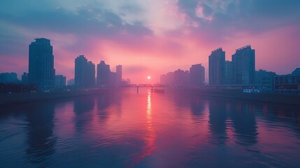 Obraz premium Dusk cityscape with a modern skyline bathed in pastel peach, lavender, and light blue. The calm river below reflects the serene pastel colors. Wide-angle shot, hd quality, natural look.