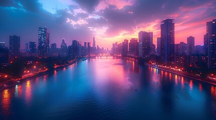 Dusk falls over a modern city with a skyline in pastel hues of peach, lavender, and light blue. A calm river reflects the tranquil cityscape. Wide-angle shot, hd quality, natural look.