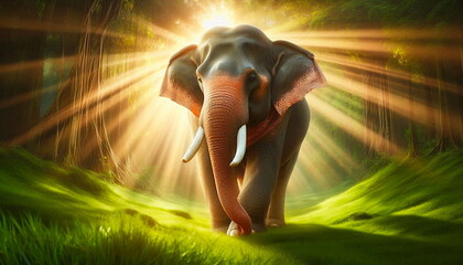 beautiful indian elephant front view in sunlight background
