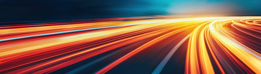 Obraz premium Long exposure of vibrant light trails on a dark road, capturing the energy and dynamism of night traffic in a mesmerizing display of colors and speed.