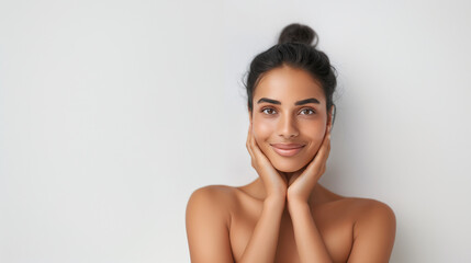 Obraz premium A young Indian woman with glowing tan skin smiles softly, her hands gently framing her face. Her dark hair is tied up, emphasizing her natural beauty.