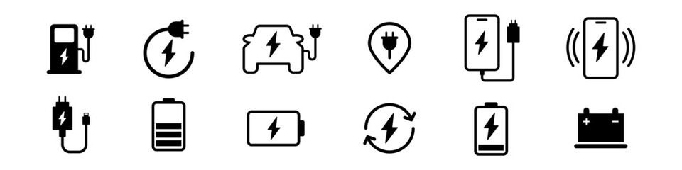 Charging icon. Recharge sign. Electric charge vector set. Battery electric charging.