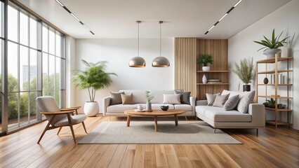 Fototapeta premium Modern minimalist living room with sleek white walls, polished wooden floor, and sparse decor creates a calm and serene atmosphere for relaxation.