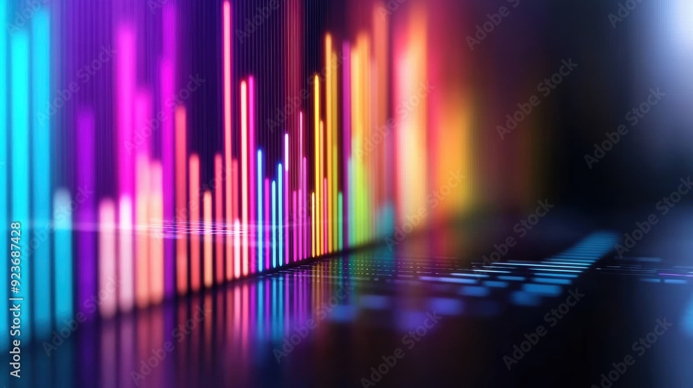 Poster vibrant, colorful light bars display a digital music spectrum visualization, creating a dynamic and 