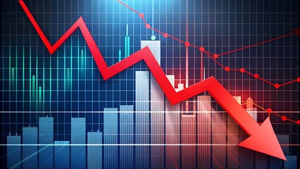 Fototapeta premium An economic crisis stock chart shows a steep decline with a red arrow pointing downwards over negative financial figures, set against the backdrop of a shadowed city skyline, symbolizing a bankruptcy