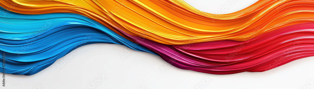 Poster vibrant abstract painting with flowing multicolored waves in shades of blue, orange, and red, repres