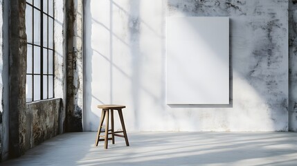 A white, blank canvas on the wall in a loft interior
