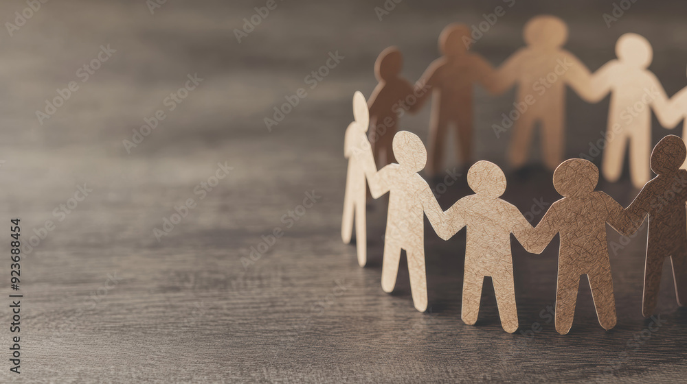 Poster paper figures holding hands in a circle on a wooden table symbolizing unity, teamwork, and togethern