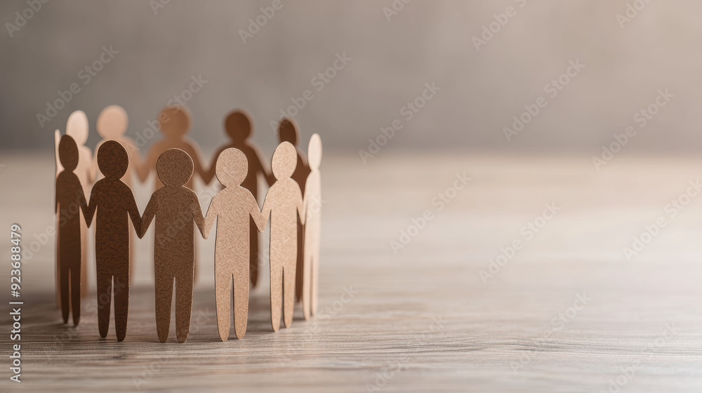 Poster paper cutout figures holding hands in a circle, representing unity and teamwork on a wooden backgrou