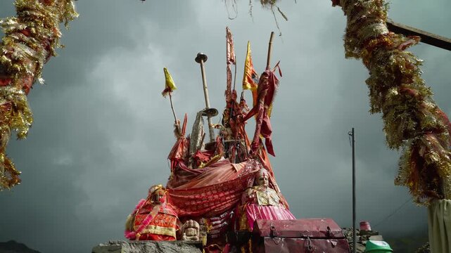 Sculpture of Hindu deity Goddess Gauri at Gauri Kund pond during Mani Mahesh Kailash Yatra, Chamba Valley, Himachal Pradesh, India. Hindu and Buddhist pilgrimage.