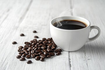 Fototapeta premium A Steaming Cup of Coffee with Scattered Coffee Beans