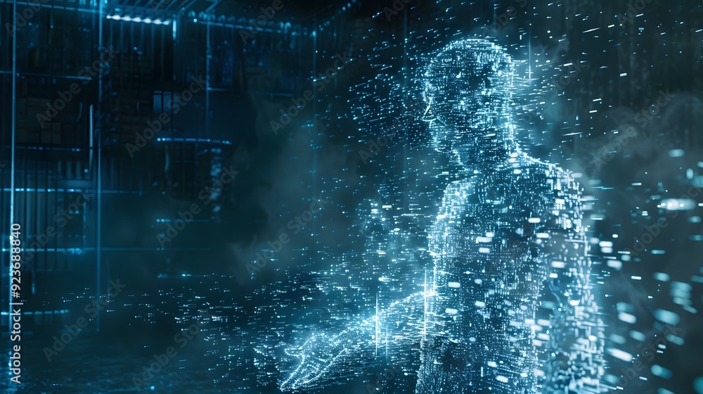 Poster a ghostly figure made of embedded thumbnails, haunting the digital space, its low-resolution form fl