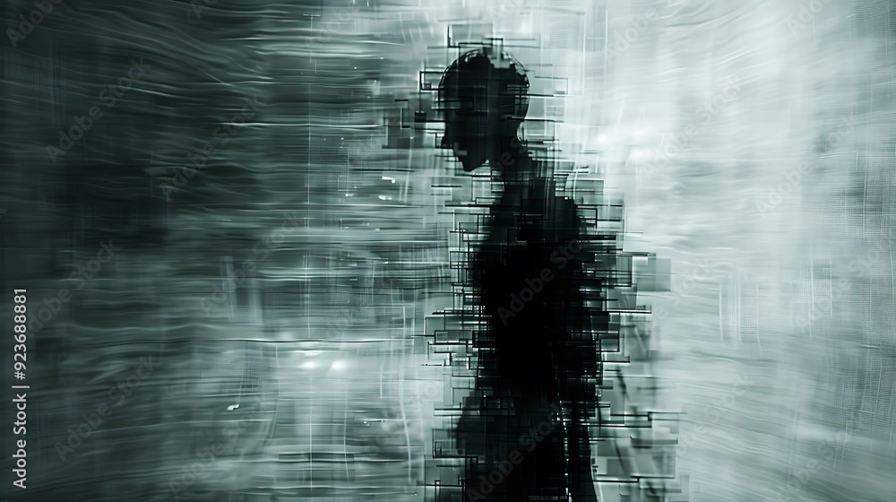 Poster a ghostly figure made of embedded thumbnails, haunting the digital space, its low-resolution form fl