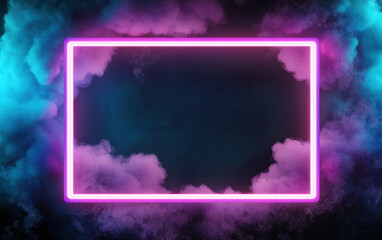 Abstract neon frame with purple and blue smoke clouds on a dark background, perfect for futuristic, sci-fi, or vaporwave-themed designs.
