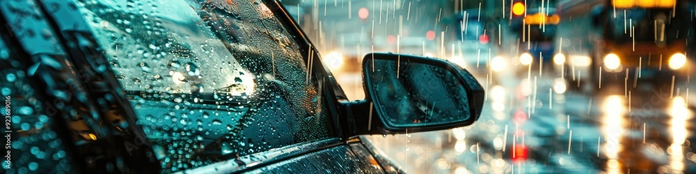 Poster rain pouring down a car's side mirror while navigating a wet roadway.
