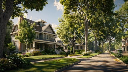 Obraz premium A tree-lined street with charming houses in a quiet suburban neighborhood. The sun shines on the lush green grass and homes.