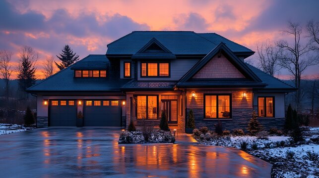 Smart Home at Sunset: A horizontal 16:9 view of a smart home at sunset, with smart lights automatically turning on, blinds lowering, and security systems activating.