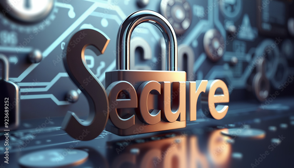 Poster padlock with the word secure on top of it, surrounded by a digital screen with numbers and text. the