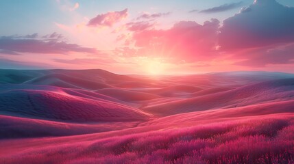 Ethereal dreamscape with softly rolling hills in pastel pink, lavender, and mint. A calm and tranquil sky enhances the serene atmosphere. Wide-angle shot, hd quality, natural look. --ar 16:9 --v 6.0