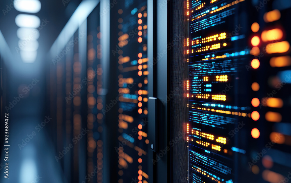 Poster modern data center with rows of servers and glowing indicators demonstrating advanced technology and