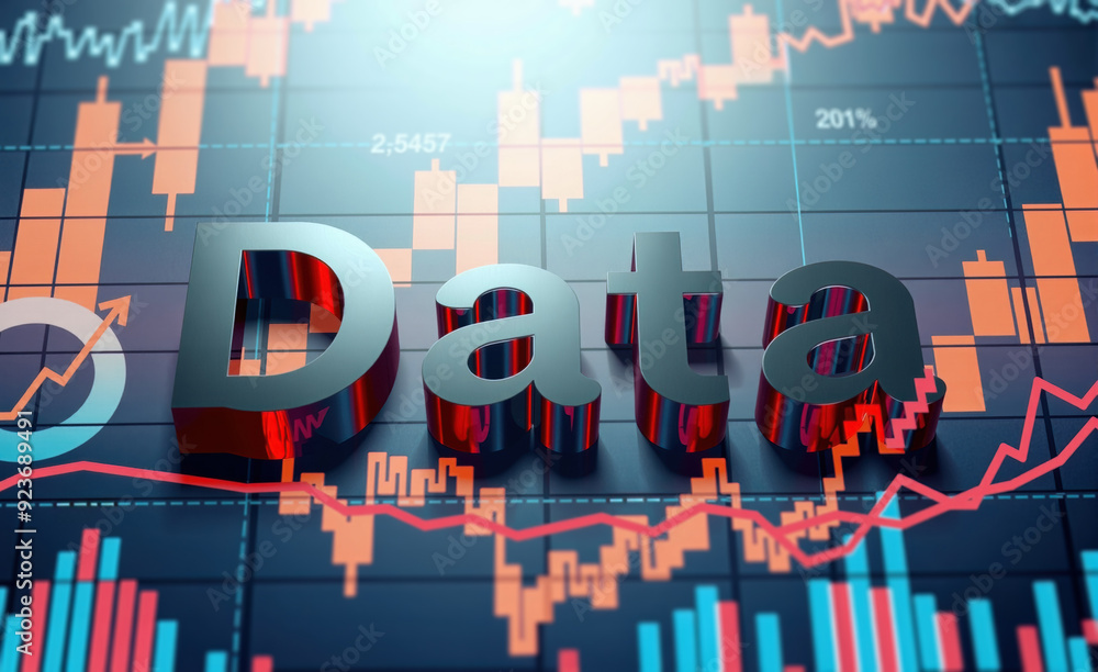 Poster data and stock market: the word data on top of a stock market chart with graphs and charts in the ba