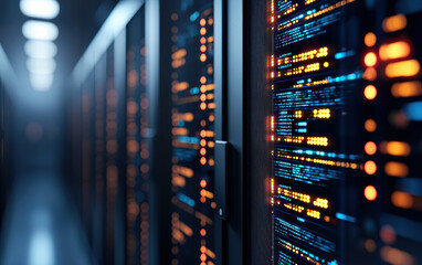Modern data center with rows of servers and glowing indicators demonstrating advanced technology and network communication systems.