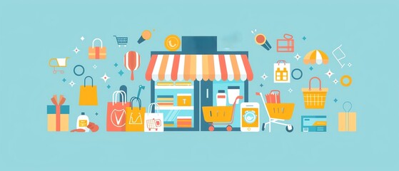 Digital marketplace, various products displayed, flat design illustration