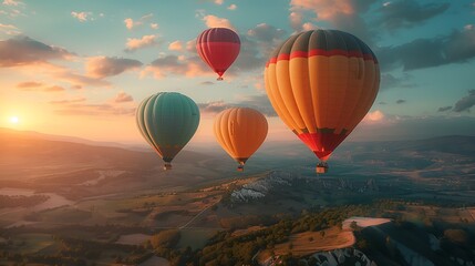 Obraz premium Hot air balloons in soft pastel hues of pink, blue, yellow, and green, floating over a serene landscape on a calm, sunny day. Wide-angle shot, hd quality, natural look. --ar 16:9 --v 6.0
