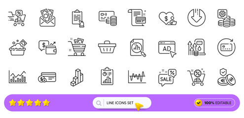 Savings insurance, Payment card and Launder money line icons for web app. Pack of Stock analysis, Discounts cart, Ad pictogram icons. Making money, Bribe, Grocery basket signs. Infochart. Vector
