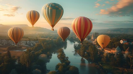 Fototapeta premium Hot air balloons in soft pastel hues of pink, blue, yellow, and green, floating over a serene landscape on a calm, sunny day. Wide-angle shot, hd quality, natural look. --ar 16:9 --v 6.0