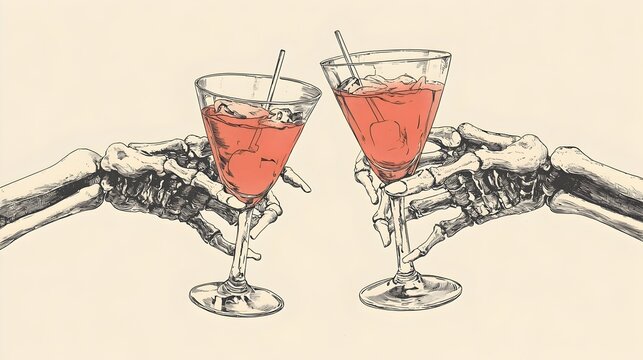 Skeleton Hands Toasting with Cocktail Glasses in Celebratory Gathering