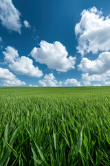 Obraz premium Vibrant green field with tall grass under a clear blue sky with puffy white clouds, perfect for nature, landscape, or agricultural themes.