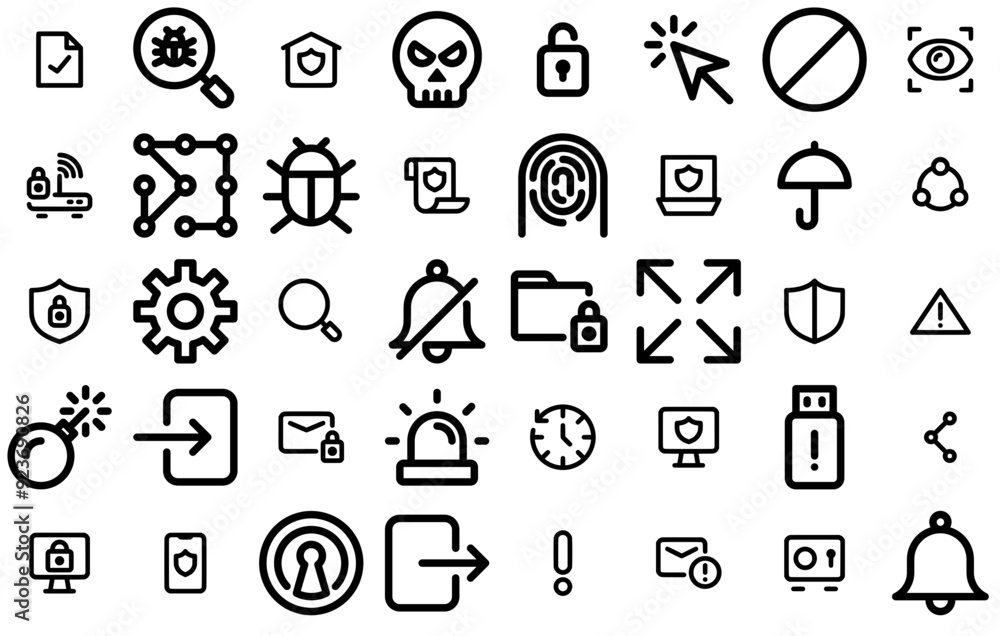 Poster set of linear internet security line isolated silhouette solid icons with lock,internet,shield,locke