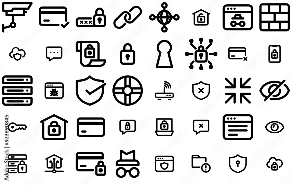 Poster set of linear internet security line icons silhouette vector logo design containing lock,shield,secu