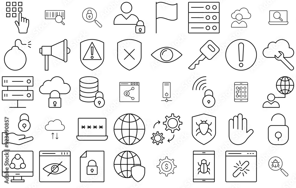 Poster mega set of vector internet security line icons isolated silhouette solid icons with cloud,secure,pr