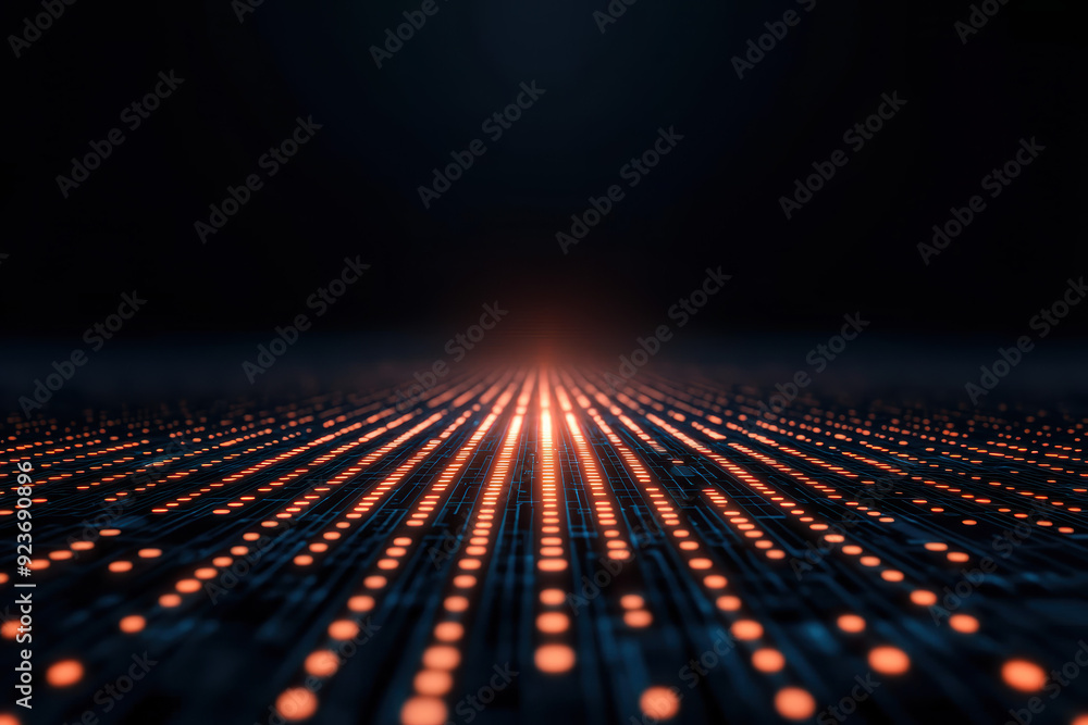Poster abstract image of glowing orange lines and dots on a dark background, representing a futuristic and 