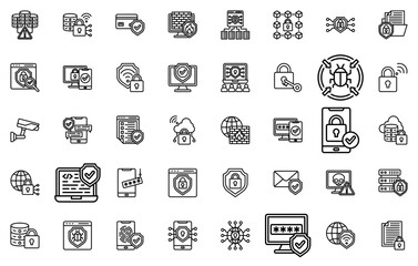 Set Of Internet Security Icons Silhouette Vector Logo Design Containing Secure,Cybersecurity,Padlock,Protection,Security Stroke Icon Collection. Vector Illustration