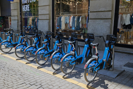 Self-service BiciMad electric rental bike station. Madrid, Spain - June 12, 2024.