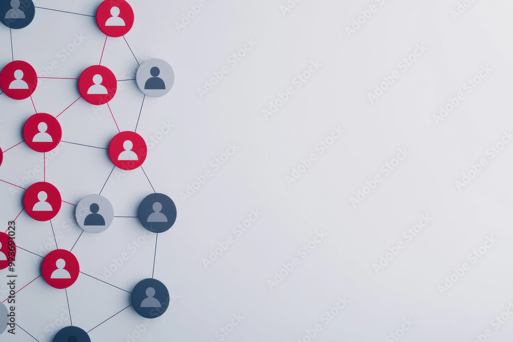 Poster graphic illustration of a social network with interconnected user icons on a white background, symbo