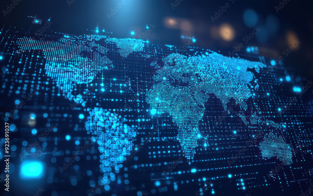 Poster a digital world map with glowing blue binary code, showcasing global connectivity, and data exchange