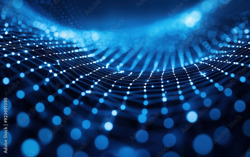 Poster abstract blue glowing grid background with bokeh light effects, representing data communication, tec