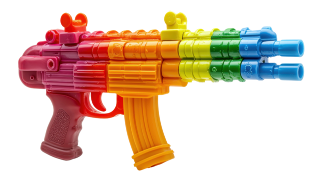 Rainbow Assault Rifle: A vibrant and symbolic image of a rainbow-colored assault rifle, juxtaposing the themes of peace and conflict.  The toy-like appearance and playful colors create a jarring visua