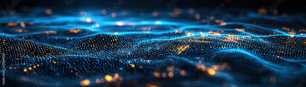 Poster abstract digital wave with glowing blue and orange dots creating a futuristic and dynamic visual eff