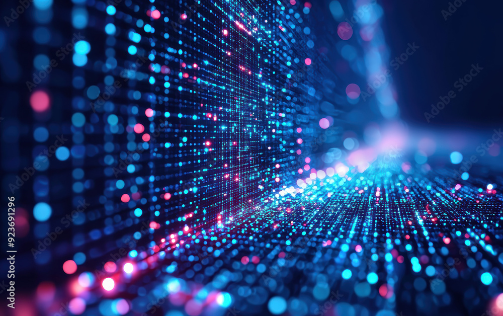 Poster abstract representation of data streams and digital information, showcasing vibrant neon lights and 