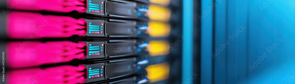 Poster close-up of colorful server cables and lights in a data center. high-tech equipment showcasing advan